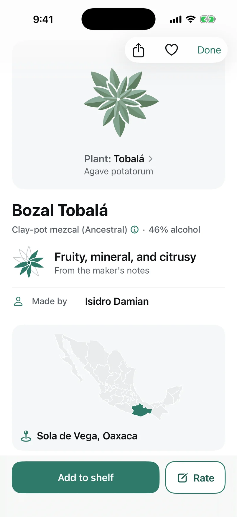 Agavist on iPhone after a scan of Bozal Tobalá, clay-pot mezcal (Ancestral), 46% alcohol: a drawing of its plant, tobalá, then fruity, mineral and citrusy, made by Isidro Damian, and a map pinned at Sola de Vega, Oaxaca.