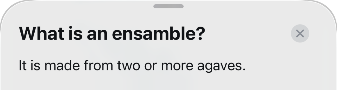 The sheet that opens when you tap Ensamble: What is an ensamble? It is made from two or more agaves.